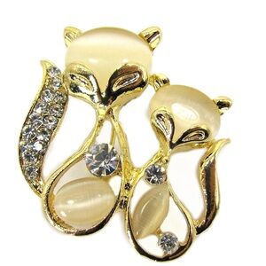 Double Fox Brooch Pin with Crystals and White Cat Eye Stones in gold finish